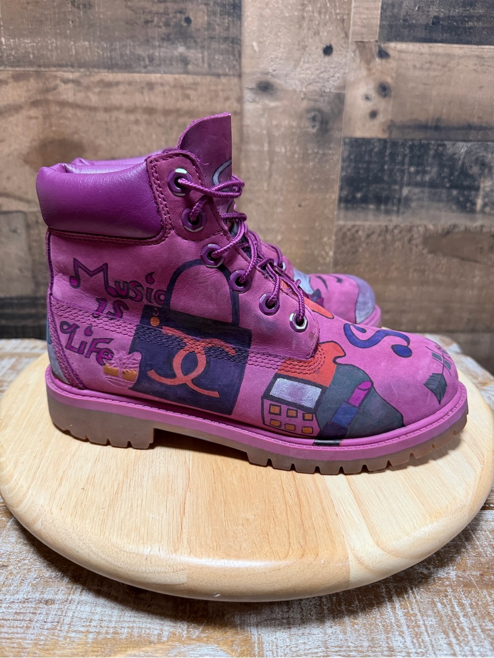 Timberland A15WB Girls Size 5 Purple Leather Boots Custom Graffiti Art